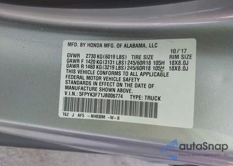 2018 Honda Ridgeline Rtl-E z USA, uszkodzony, nr VIN 5FPYK3F71JB006774